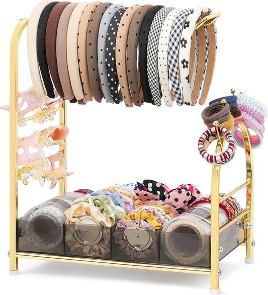 Keebofly Acrylic Hair Accessories Organizer, Versatile Headband Holder Stand for Scrunchies, Bows, Claw Clips, Hair Tie, Compact Hair Organizer Storage for Girls, Women, Babies, Amber & Gold-Plated