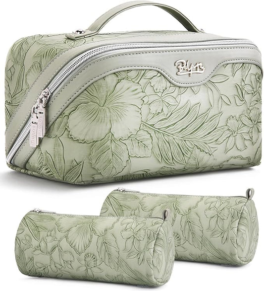 BOYATU Travel Makeup Bags Cosmetic Organizer Bag: 3-Set Large Capacity Make up Bag - PU Leather Toiletry Bags for Women - Wide Open Portable Pouch with Divider & Handle (02-Light Green)