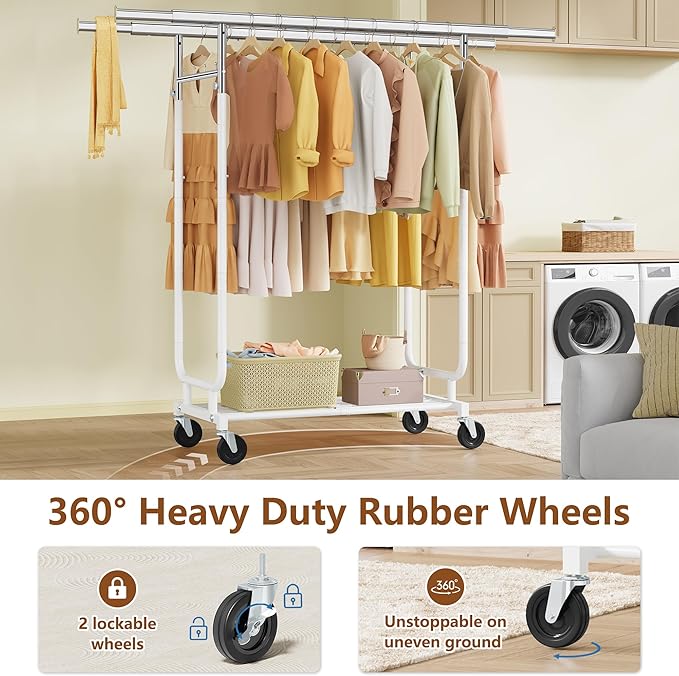 Heavy Duty Rolling Clothes Rack, 620 LBS Load Double Rod Adjustable Garment Rack with Storage Shelves & Lockable Wheels, Portable Clothing Rack for Hanging Clothes for Bedroom, Laundry Living Room
