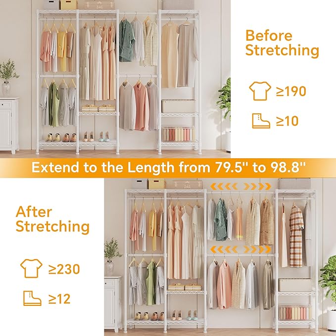 Higeego H7 Pro Heavy Duty Clothes Rack Large Garment Rack for Hanging Clothes, Freestanding Wardrobe Closet with Expandable Hanger Rods, Closet Organizer Storage, (79.1"-96.9") Lx15.7 Wx75.4 H, White