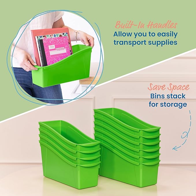 ECR4Kids Linking Plastic Storage Book Bin, Multipurpose Organization, Neon Green, 10-Piece