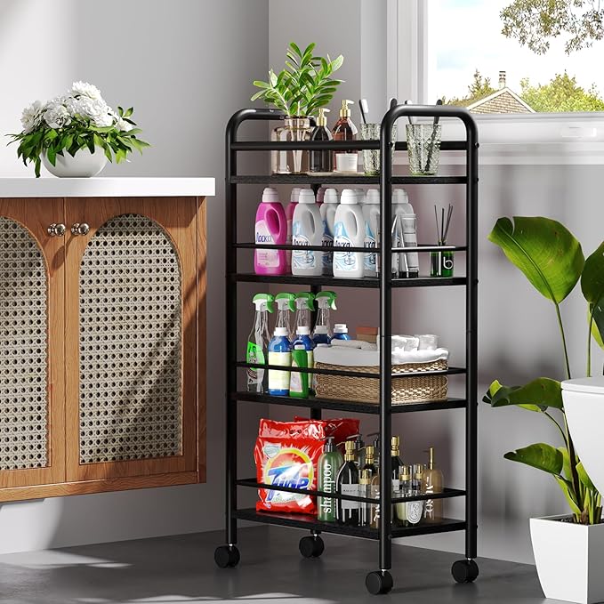 Asgolion Slim Storage Cart, 4-Tier Small Rolling Cart with Wheels, 9.1" Deep, Narrow Bathroom Shelf Trolley for Kitchen, Bathroom, Laundry Room, Black Large 4-Tier (9.1" W x 33.6" H)