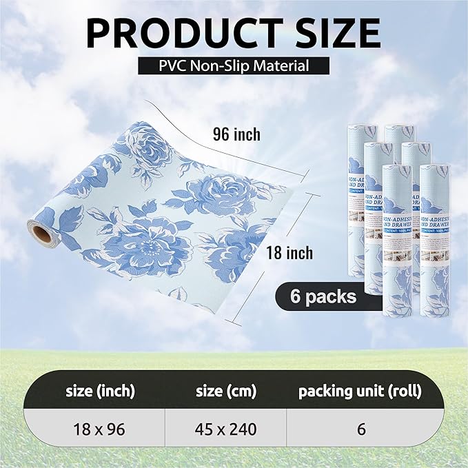 FIFTY FEET 18X96 Inch Shelf Liner for Kitchen Cabinets, PVC Drawer Liner for Dresser Non-Slip Bathroom, Non-Adhesive Cabinet Liner Washable (Blue Flower)(6 Roll)