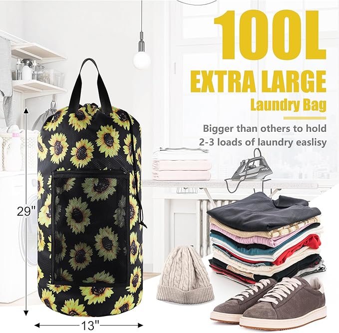 Olosar Laundry Bag Backpack, 2PCS Extra Large Travel Laundry Bag with Mesh Pocket & Adjustable Shoulder Straps,Dirty Clothes Travel Bag for College Students Dorm,Apartment(Sunflower)