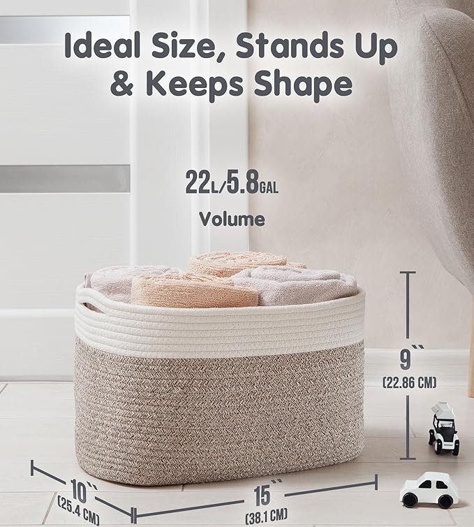 CHAT BLANC Cotton Rope Baskets for Organizing | 15”x10”x9” Storage Baskets for Shelves | Small Laundry Woven Baskets for Storage, Dog Toy Bin, Baby Basket,Off White&Brown 3 Pack