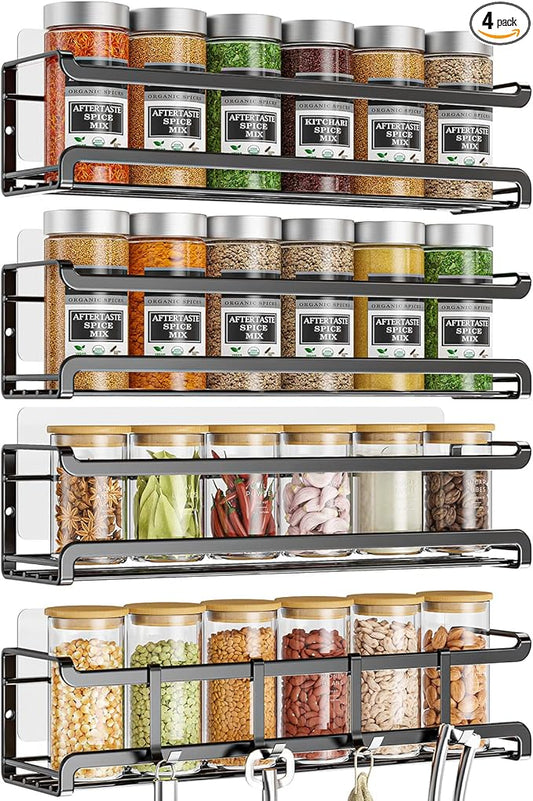 Bunoxea Spice Rack Wall Mounted 4 Pack,Space-Saving Spice Organizer for Spice Jars and Seasonings,Screw or Adhesive Hanging Spice Rack Organizer for Your Kitchen Cabinet,Pantry Door,11.41x2.75x2.75in