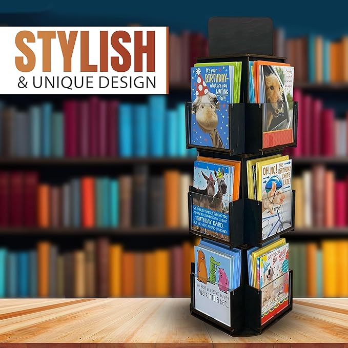 Rotating Greeting Card Display Stand, 3 Tier Wooden Organizer, 4-Sided Display Rack 360 Degree Spinning Multi-Pocket Display for Coasters, Stickers, Retail, Showcase, Tradeshow (Ebony)