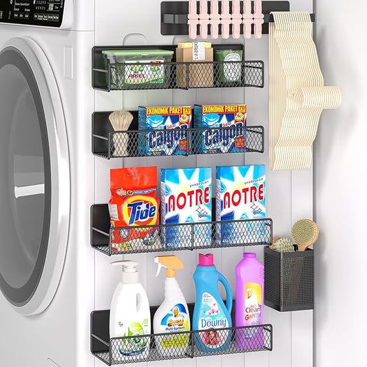 Magnetic Shelves for Washing Machine 6 Pack, Heavy-Duty Metal Magnetic Laundry Organizer Black W/ Hanger Organizer, Tool Holder, Space Saving Shelf for Home Kitchen Closet & Laundry Room Organization