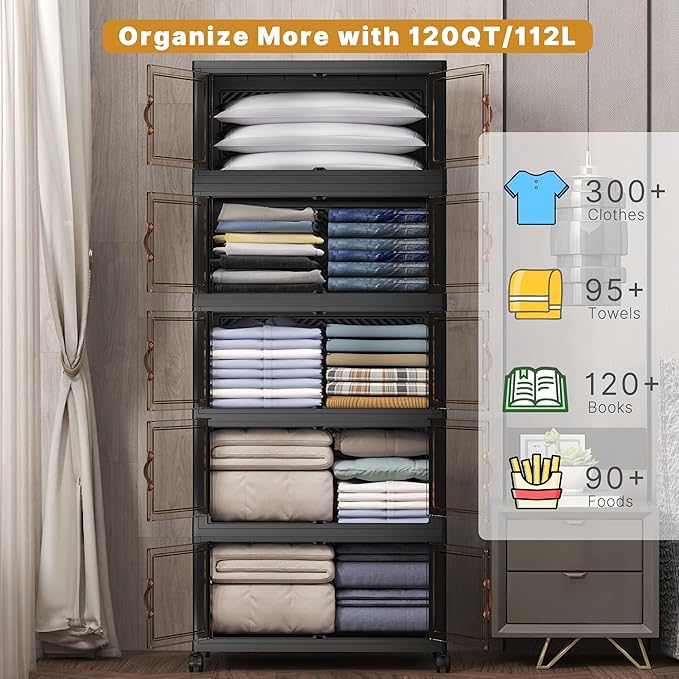 UAMFURI Extra Large Stackable Storage Bins with Lids & Wheels, 600QT-120QT/30GAL*5Pack Foldable Collapsible Closet Organizers Storage Cabinet with Doors for Bedroom Dorm