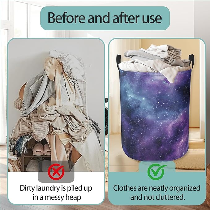 Purple Starry Sky Round Laundry Basket Collapsible Laundry Hamper with Handles Toys Clothes Organizer Bin For Home Bathroom Bedroom Dorm Nursery