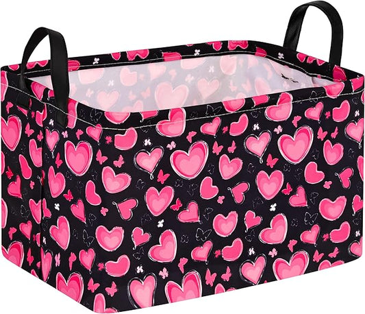 MAIZMZ Empty Gift Basket for Girls Heart Print Storage Cube for Women, Closet Shelf Waterproof Organizer Bins with Handles Nursery hamper Kids Toys Books Box Room Deco