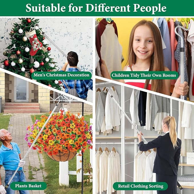 Clothes Hanger Reaching Hook,33 to 51Inch Clothing Hook Pole Long Christmas Light Hanging Extension Adjustable Clothes Rod Assist Tool Sponge Handle Shutters Pole Ceiling Home Reacher Poles