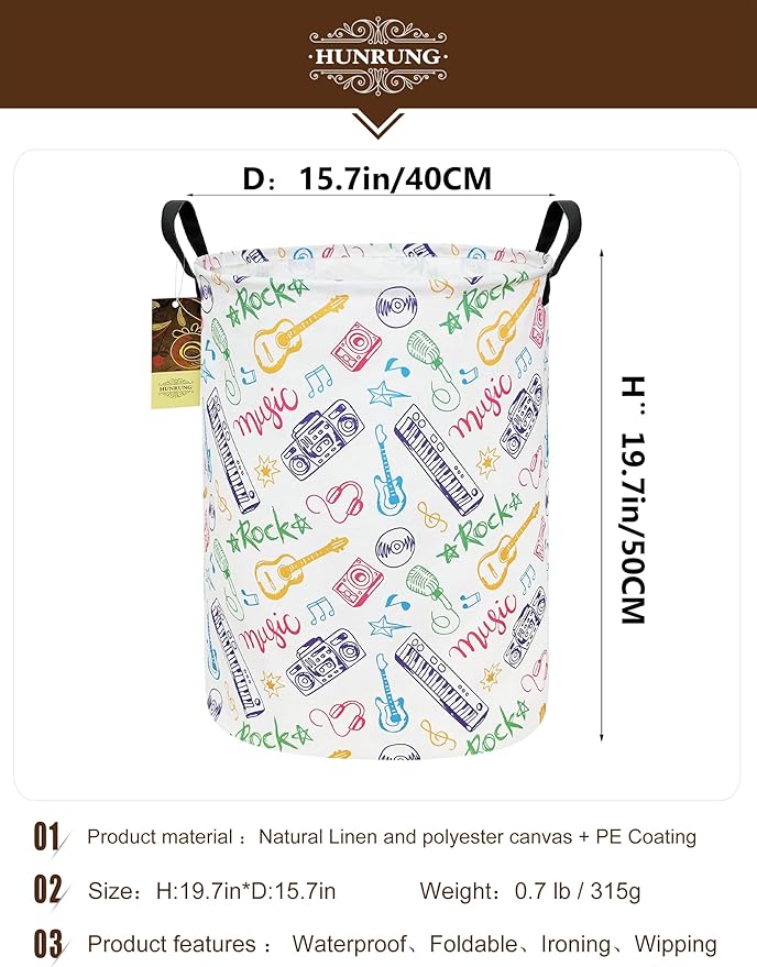 HUNRUNG Collapsible Fabric Storage Basket, Waterproof Laundry Hamper with Handles, Round Storage Bin for Clothes Toys, Foldable Organizer for Bedroom Nursery Bathroom(Round-Musical instrument)