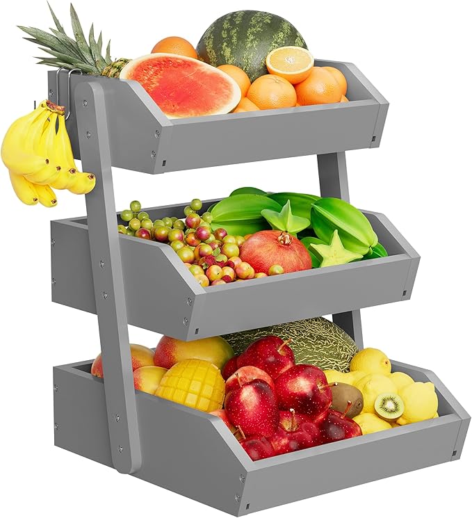 Hellojin Bamboo 3 Tier Fruit Basket For Counter, Large Capacity Fruit Storage Countertop, Fruit Holder, Wooden Pantry Organizers and Storage, Kitchen Countertop Organizer With 2 Banana Hangers (Grey)
