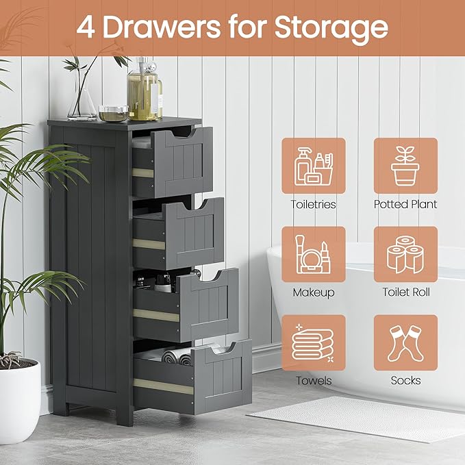 SUPER DEAL Small Bathroom Storage Cabinet with 4 Drawers, Freestanding Narrow Wooden Side Storage Organizer for Bathroom Hallway Living Room, Grey