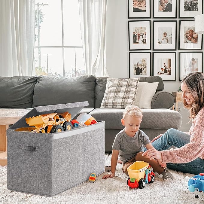 INDRESSME 25"x13"x16" Large Toy Storage Box with Lid, Toy Storage Organizer Toy Basket with Dividers for Playroom, Bedroom, Closet, Toy Bin for Kids Baby Boys Girls (Grey)