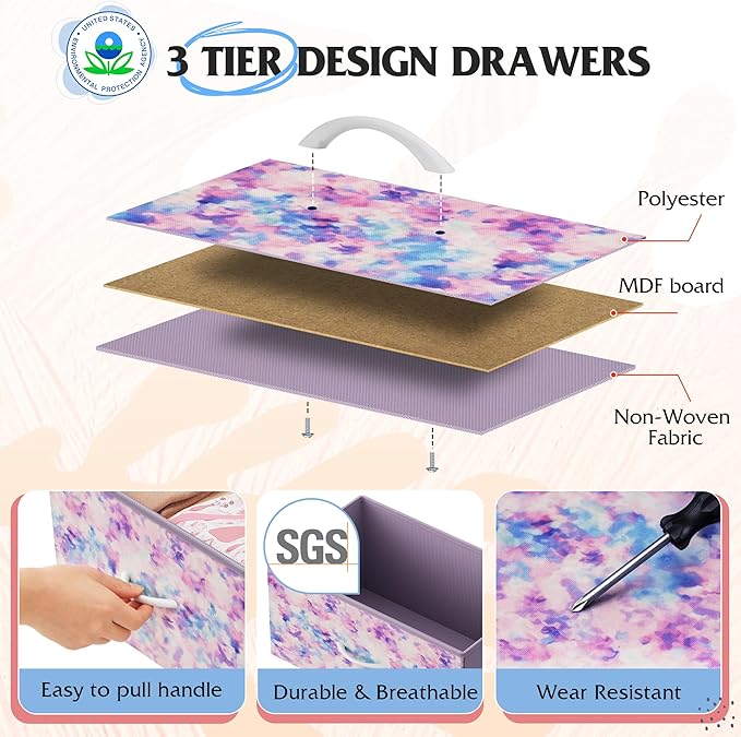 WLIVE Dresser for Bedroom with 8 Drawers, Wide Fabric Dresser for Storage and Organization, Bedroom Dressers, Chest of Drawers for Living Room, Closet, Hallway, Tie-dye Print (Pink, Purple, Blue)