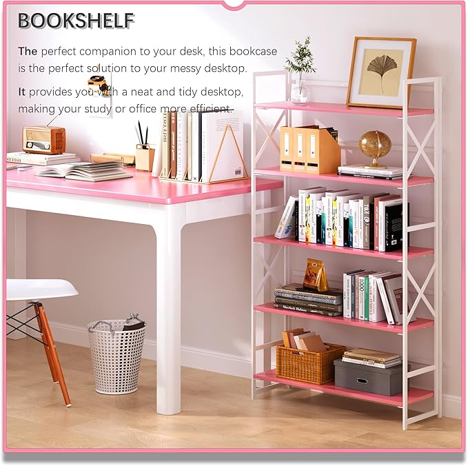 4NM Extra Wide 5 Tiers No Assembly Book Shelves, 51.2" H Folding Bookshelf Bookcase Open Industrial Foldable Shelves for Bedroom, Living Room, Home Office - Pink White