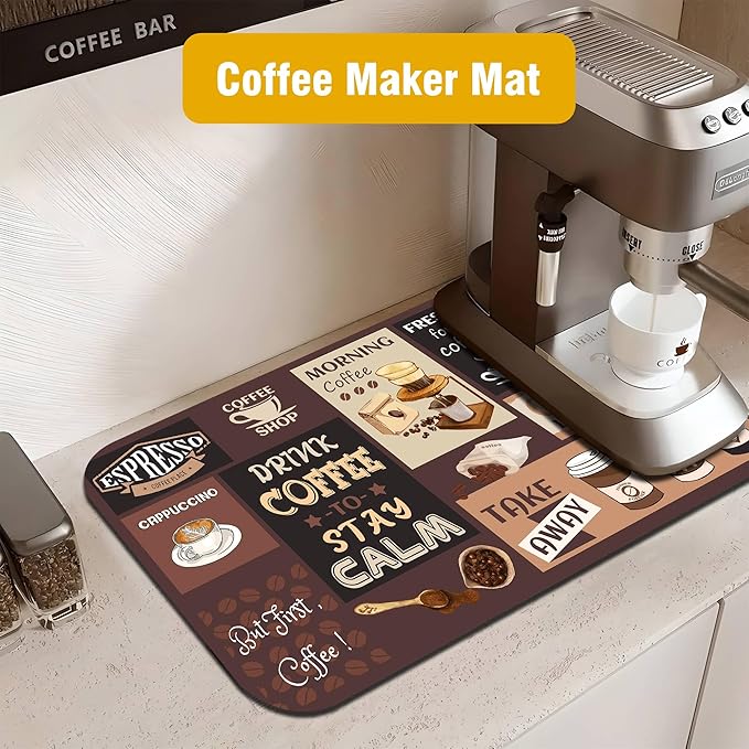 Retro Coffee Pattern Drying Mat 12" x 19", Non-Slip Absorbent Quick-Dry Mat, Protects Countertops from Spills Stains for Coffee Makers Espresso Machines