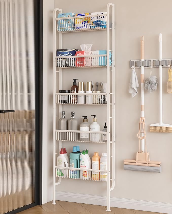 UMDONX Behind The Door Bathroom Shelf Narrow 5-Tier, Space-Saving Slim Storage Shelf Narrow Shelving Unit for Bathroom and Kitchen White