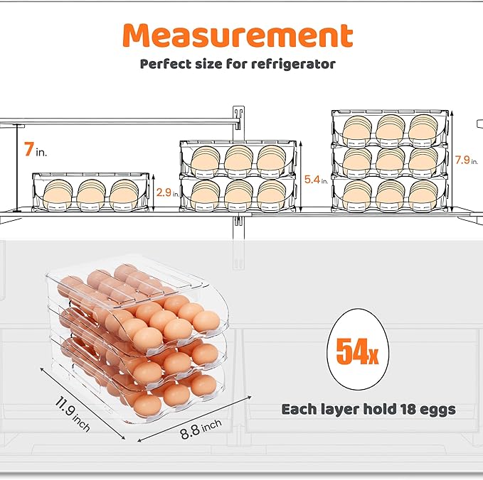SMRCAD Egg Holder for Fridge, Automatic Steady Rolling Egg Dispenser with Silicone Bumpers & Handle for Refrigerator, Large Capacity Egg Organizer with Lid