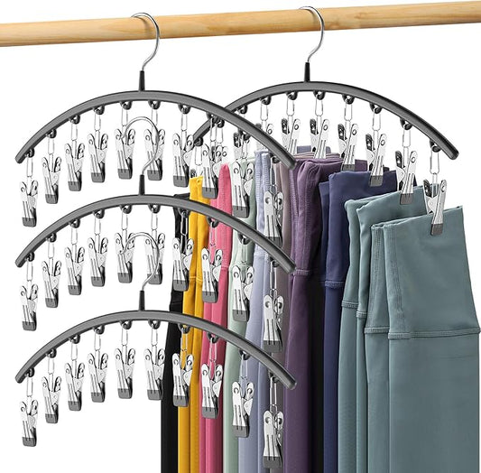 Legging Organizer for Closet, Metal Yoga Pants Hangers 4 Pack w/10 Clips Holds 40 Leggings, Space Saving Hanging Closet Organizer w/Rubber Coated Closet Organizers and Storage, Black