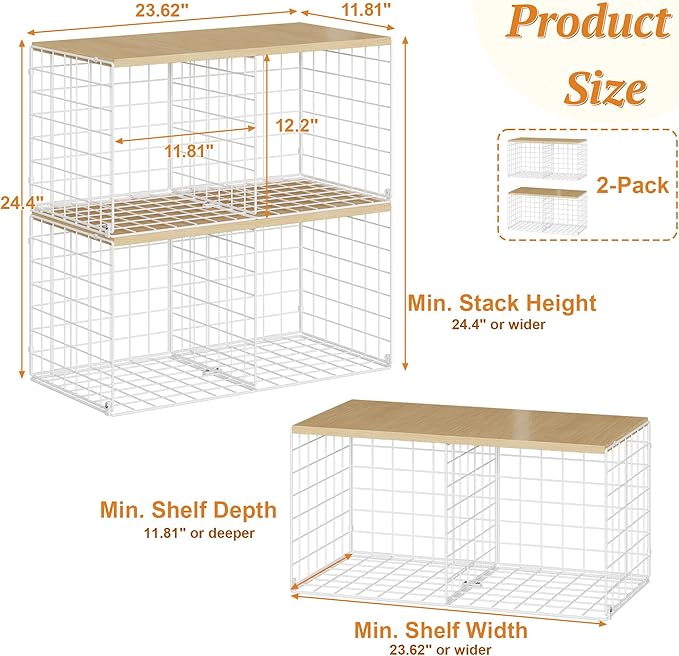 2 Pack Stackable Closet Organizers and Storage, 4 Cube Closet Shelves with Wood Top Board for Extra Clothes Storage, Small Metal Closet Shelf Organizer Bins Baskets for Sweater Sweatshirt Jeans, White
