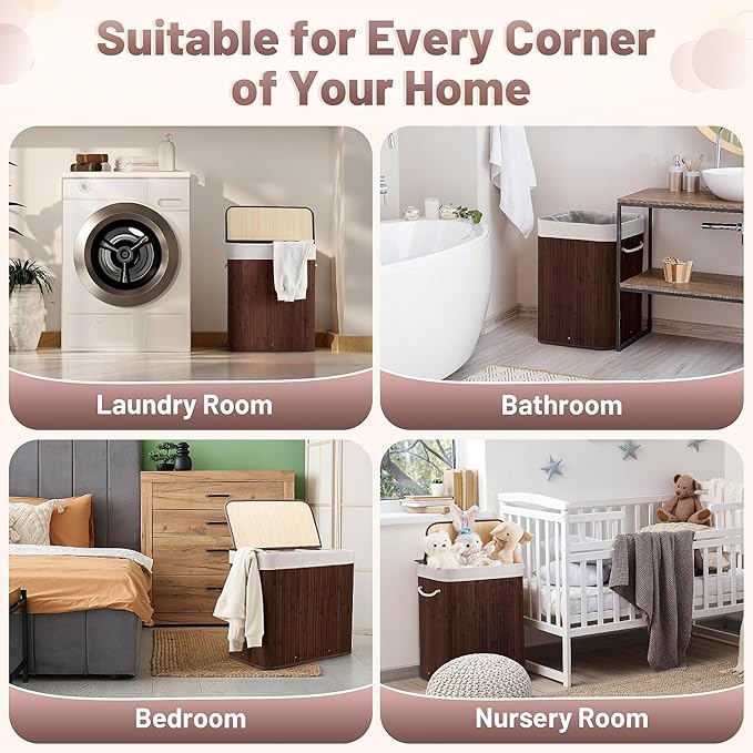 Aliphon 100L Laundry Hamper with lid, 2-Section Clothes Laundry Basket with Handles, Large Collapsible Bamboo Baskets for Bedroom, Bathroom, Dorm, Brown