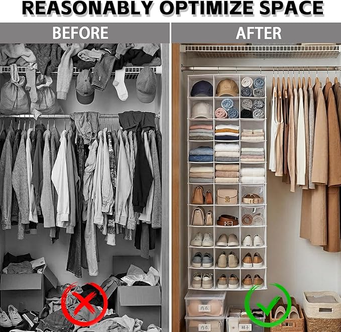 coastal rose Hanging Shoe Closet Organizer, 30 Sections Hanging Closet Organizers and Storage Shelves with 6 Mesh Pockets, Space Saving Shoe Rack Holder Hanger, White
