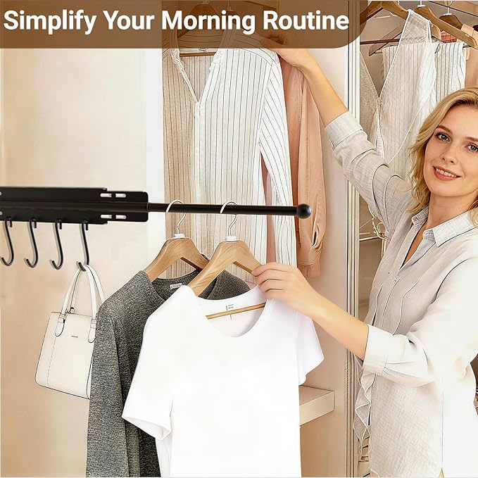13" Valet Rod for Closet Pull Out with 4 Hooks, Retractable Valet Rod for Bedroom, Laundry Room, Bathroom(Black)