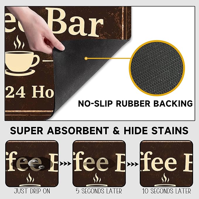 Vintage Coffee Bar Coffee Drying Mat 12" x 19", Absorbent Quick-Dry Mat, Non-Slip Waterproof Countertop Protector for Coffee Station and Espresso Machine