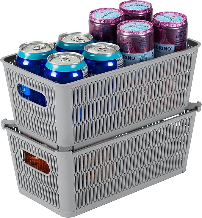 Simplify 2Pk Small Slide 2 Stack It Tote Basket | Storage & Organization | Open Bins with Stackable Capability | Bathroom | Crafts | Pantry | Playroom | Office | Grey