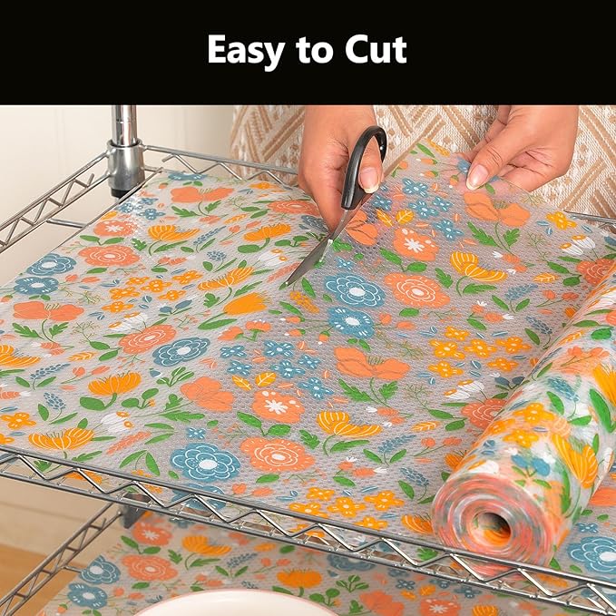 INNOLITES Shelf Liner for Kitchen Cabinets, Non-Adhesive Drawer Liner, Waterproof Washable EVA Floral Pattern, Protect Dresser Cupboard Refrigerator Shelves (Blue Orange Pink, 17.5" x 78.7")