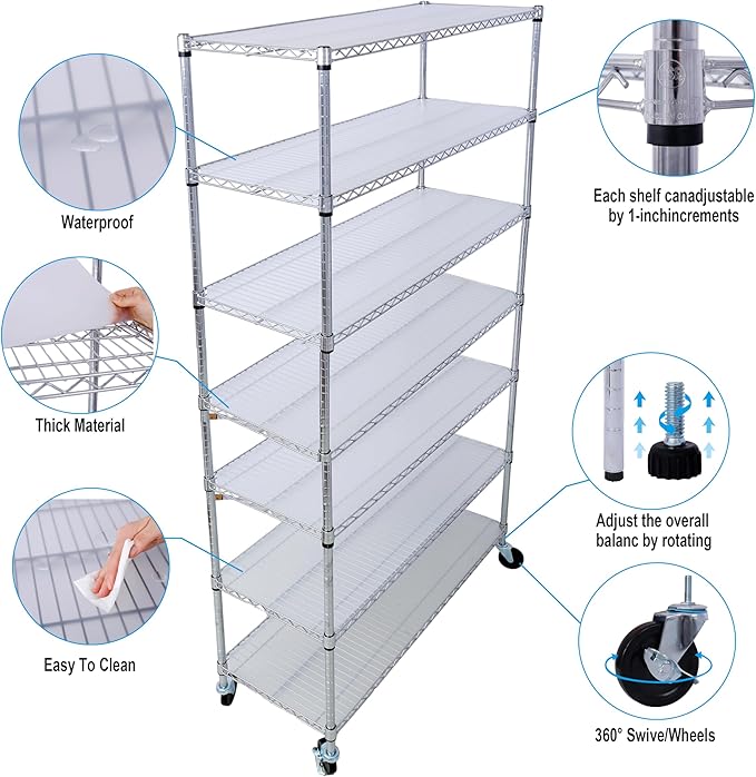 7 Tier Storage Racks Shelving, Heavy Steel Pantry Shelves, Adjustable Wire Shelving Rack with Wheels, Suitable for Garage, Kitchens, Bathroom, Offices, 48" W x 18" D x 82" H, Chrome