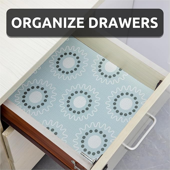 18X96 Inch Shelf Liner for Kitchen Cabinets, PVC Drawer Liner for Dresser Non-Slip Bathroom, Non-Adhesive Cabinet Liner Washable (Blue Circle)(4 Roll)