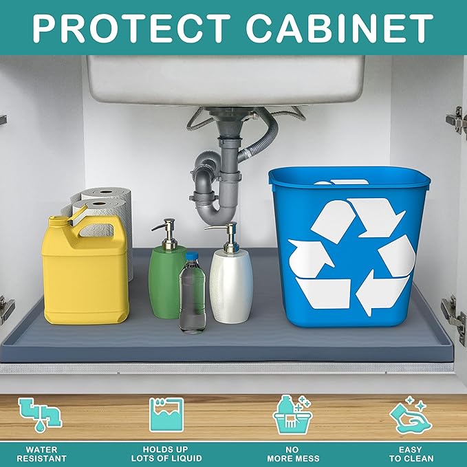 URMONA Waterproof Silicone Under Sink Mat 37'' x 22'' Shelf Liner for Kitchen and Bathroom, Cabinet and Counter Protector, Storage and Organizers, Litter Mat, Pet Cat Puppy Essentials(Green)