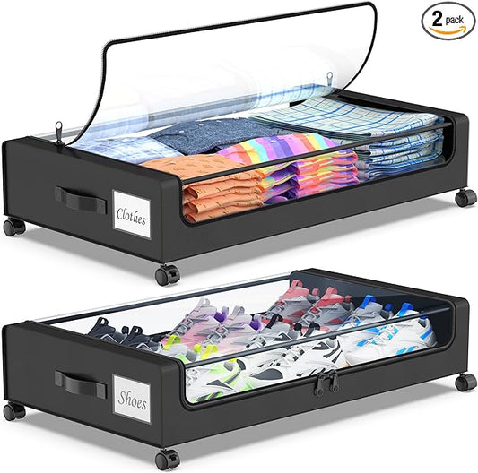 Beborxue Under Bed Storage with Wheels, 2-Pack Under the Bed Storage Containers with Lids, XXL 60L Under Bed Shoes Storage Organizer Bins, Rolling Underbed Storage for Clothes, Shoes, Blankets (Black)