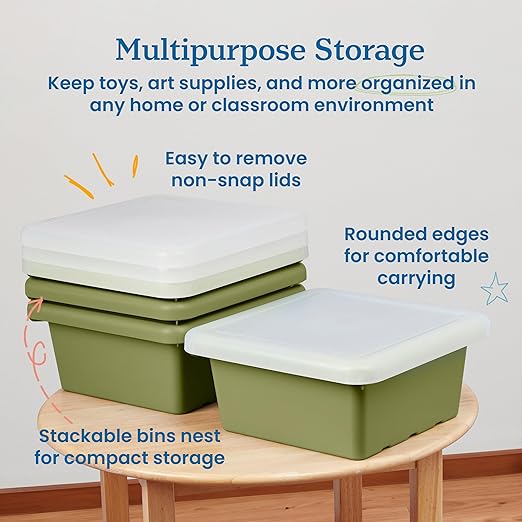 ECR4Kids Stackable Square Bins with Non-Snap Lids, Multipurpose Organization, Fern Green, 4-Pack