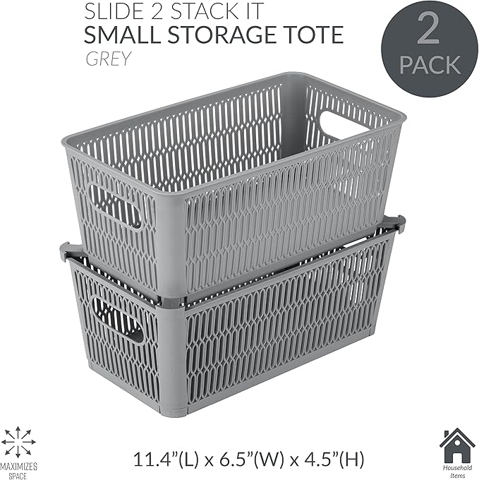 Simplify 2Pk Small Slide 2 Stack It Tote Basket | Storage & Organization | Open Bins with Stackable Capability | Bathroom | Crafts | Pantry | Playroom | Office | Grey