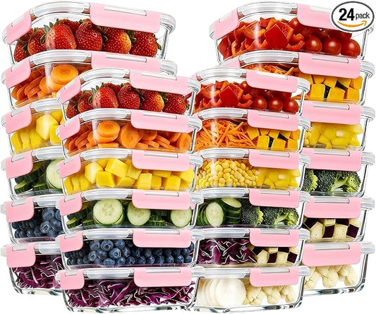 Konokyo Rectangular Glass Food Storage Containers with Lids, 24 Pack Airtight Leakproof Meal Prep Containers, BPA-Free, Microwave Oven Freezer & Dishwasher Safe, Assorted Sizes
