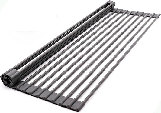 Bigdata&BetterLife Roll Up Dish Drying Rack Simple Large Space Saving Dish Drying Mat for Kitchen Foldable Silicone Coated Stainless Steel Heavy Duty Dry Rack(Black, 20.5" x 13.1")
