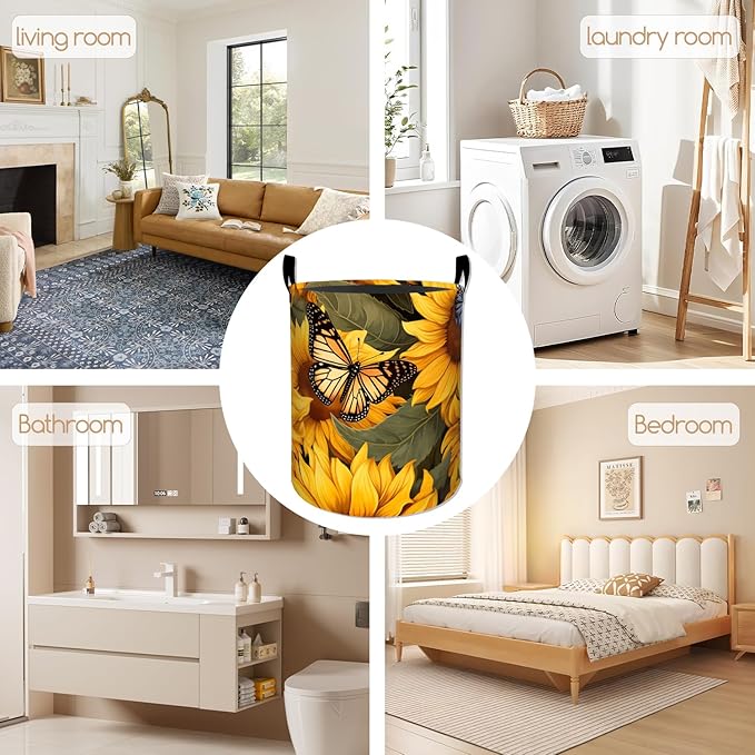 Sunflower Colorful Butterfly Laundry Basket, Foldable Oxford Cloth, Waterproof Dirty Clothes Hamper with Handles, Clothing Storage Bucket Toy Organizer for Bathroom Bedroom Dorm, 19.7"x15.7"