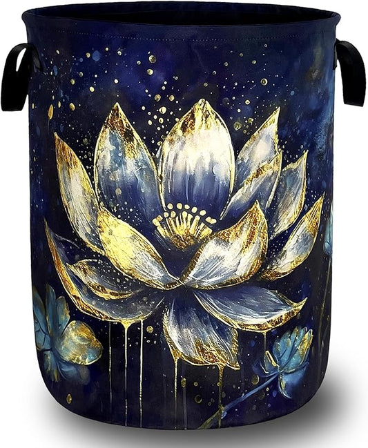 Lotus Flower Laundry Basket Foldable Watercolor Lotus Leaf Laundry Hamper With Handle Oxford Cloth Portable Clothes Storage Basket Laundry Bag 18.9"x16.5" For Laundry Room/Bedroom/Bathrooms