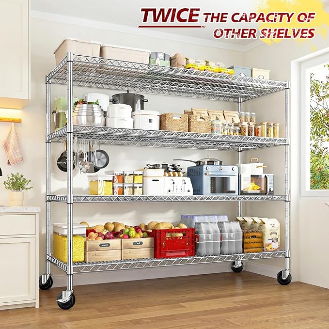 REIBII 55.5''W Storage Shelves 2500LBS Wire Shelving Unit with Wheels Heavy Duty Metal Shelves for Storage Adjustable Garage Storage Rack Pantry Shelf Kitchen Shelving, 75.6" H X 55.5''W X 24" D, 3PCS