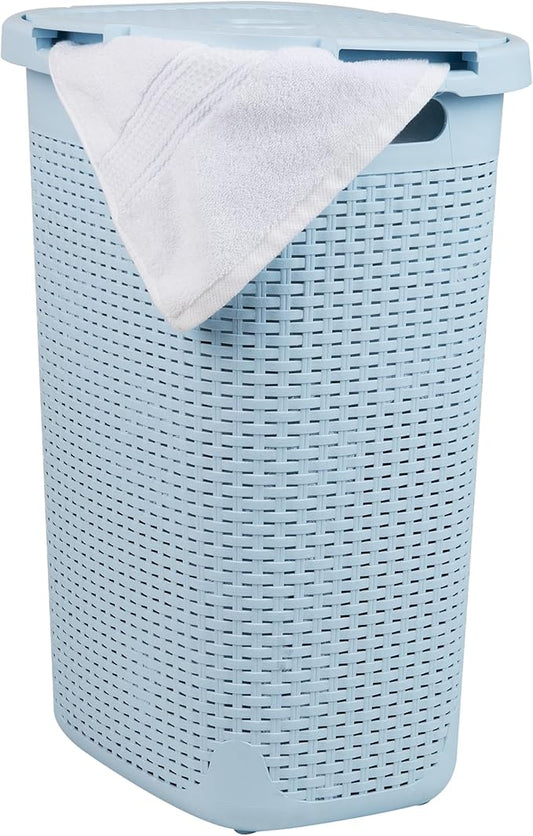 Mind Reader Slim Laundry Hamper with Lid, 60L Tall Clothes Basket, Narrow Tapered Design for Bathrooms, Closets and Laundry Rooms, Plastic, Baby Blue