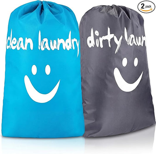 Shappy 2 Pcs XL Clean Laundry Bags Nylon Travel Laundry Bag with Drawstring Machine Washable Dirty Clothes Organizer Bag Storage Bags for Hamper or Basket, 23.6 x 17.7 Inch(Gray, Blue)
