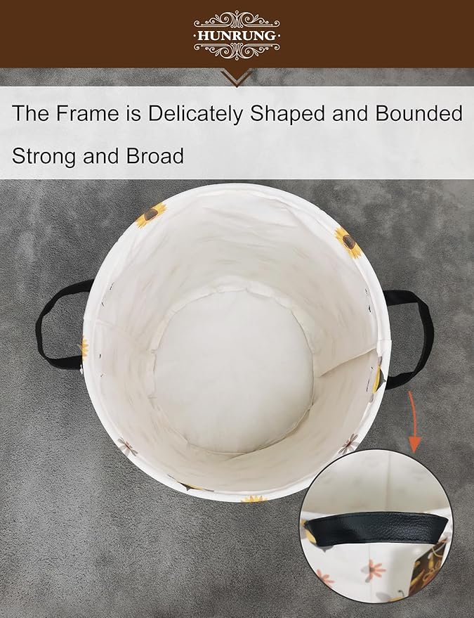 HUNRUNG Collapsible Fabric Storage Basket, Waterproof Laundry Hamper with Handles, Round Storage Bin for Clothes Toys, Foldable Organizer for Bedroom Nursery Bathroom(Round-Bee)