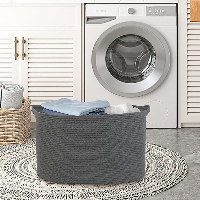 MEGASKET Extra Large Rope Basket, 23.6" x 17" x 12" Rectangle Wicker Baby Laundry Basket, Kids Toy Storage Baskets, Woven Basket for Blankets Clothes Pillows, Laundry Room Organization, Dark Grey
