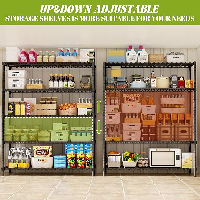 Storage Shelves, 2 PCS 48" L x 20" W x 72" H Heavy Duty Garage Wire Shelving Unit Loads 2000LBS, 5-Tier Adjustable Metal Industrial Utility Shelf Rack for Kitchen, Laundry Room, Basement