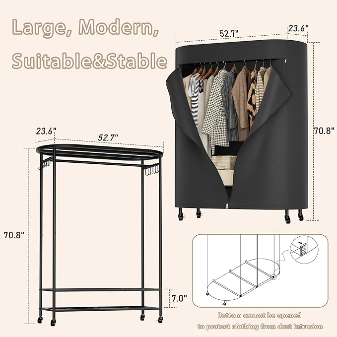 Clothes Rack with Cover, Heavy Duty Portable Closet for Hanging Clothes, Rolling Clothing Closet, Garment Rack with Wheels&Side Hooks, Closet Organizers and Storage with Black Cover, Max Load 380LBS